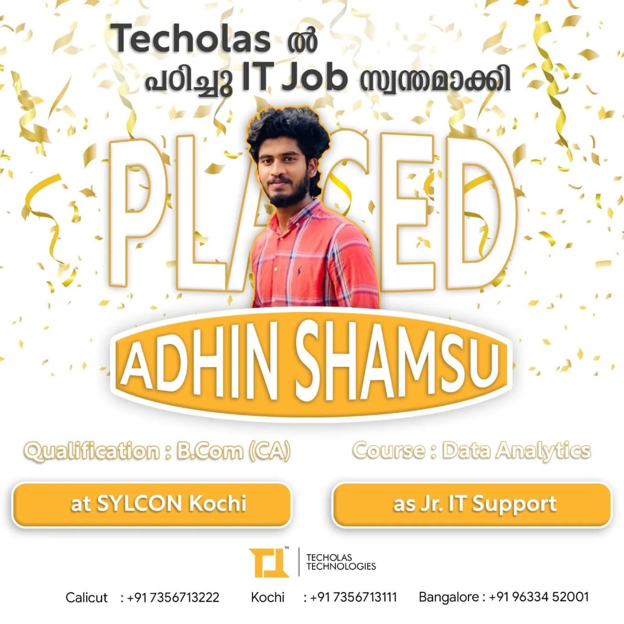 Techolas Placements - Gayathri Menon placed at Tech Mahindra as Software Engineer